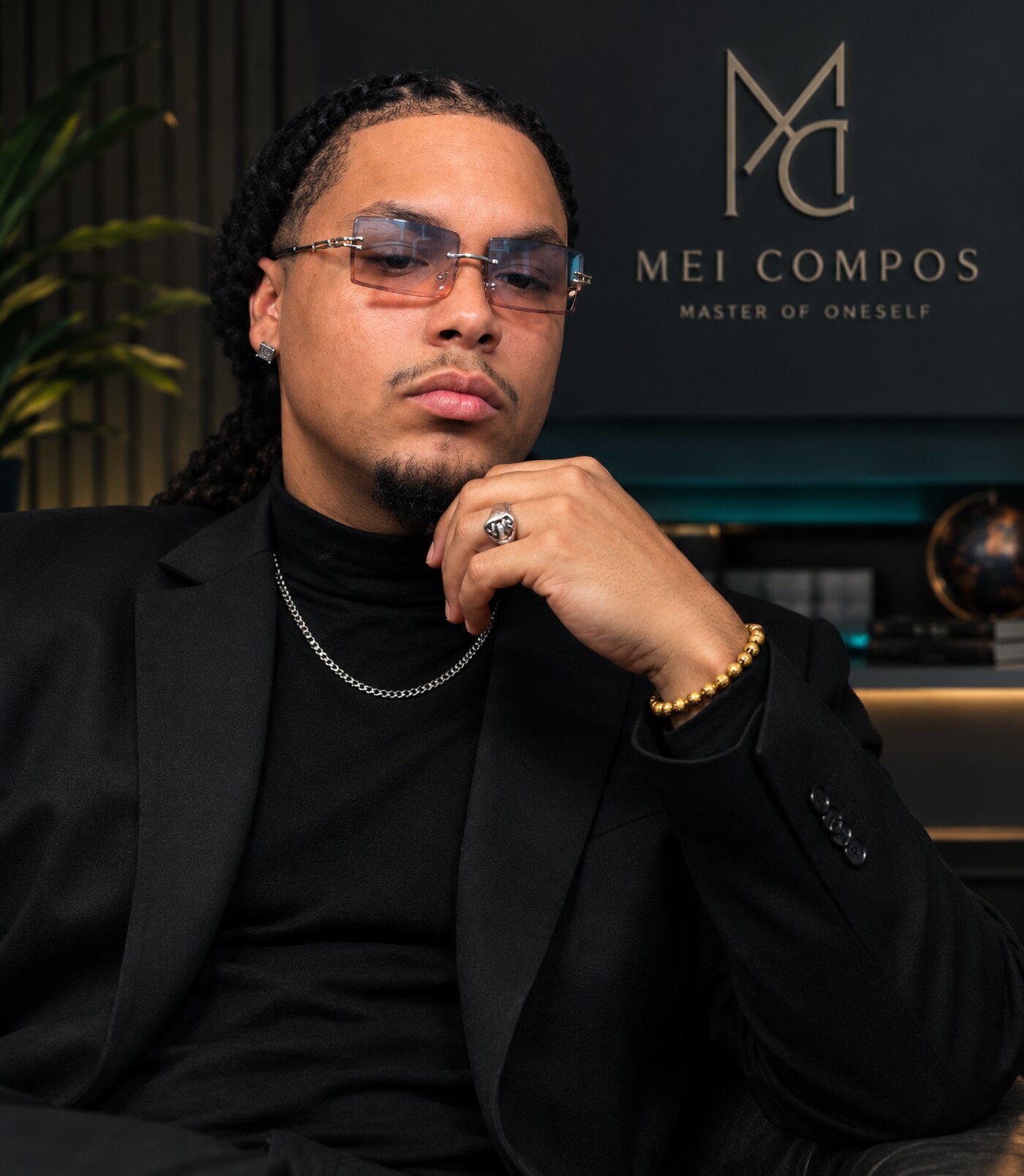 Jerome Snowden Jr., founder of Mei Compos, in a black blazer and turtleneck